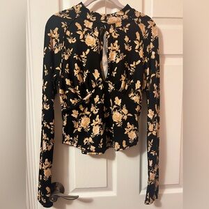 Free People Floral Long Sleeve Top - Black and Gold Roses